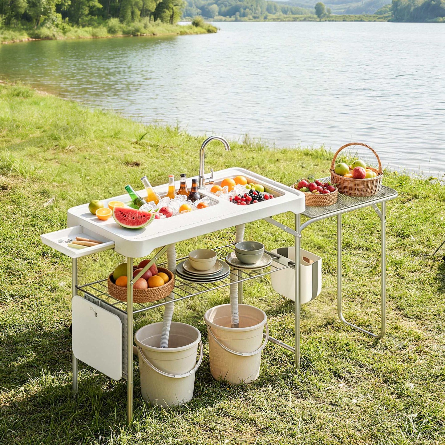 Outsunny Mesa Plegable Camping Con 2 Fregaderos Y Estante Lateral_1