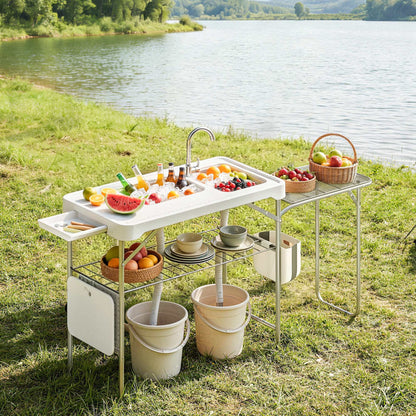 Outsunny Mesa Plegable Camping Con 2 Fregaderos Y Estante Lateral_1