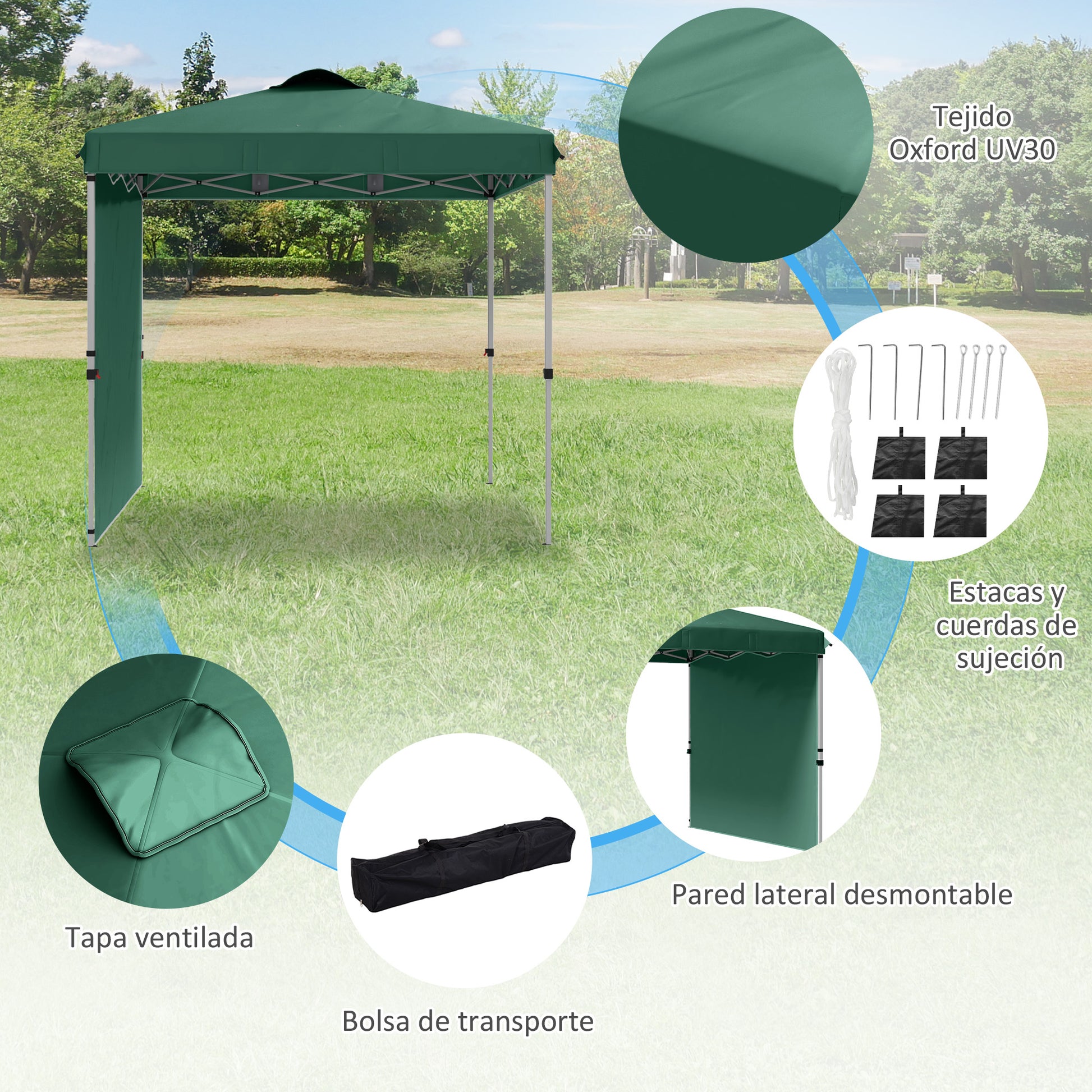 Outsunny Carpa Plegable 2,5x2,5 M Con 1 Pared Lateral Altura Ajustable Verde_5