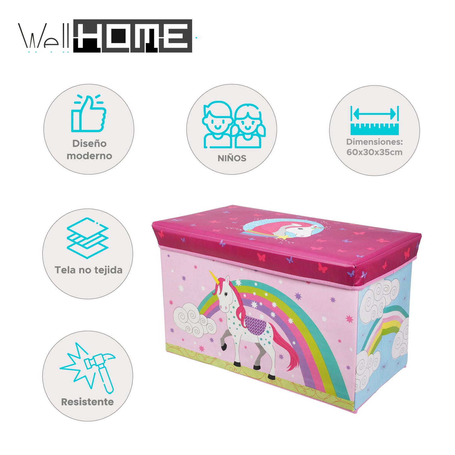 Well Home Caja De Almacenamiento Mds Con Tela No Tejida, Diseño Unicornio 60x30x35cm_1