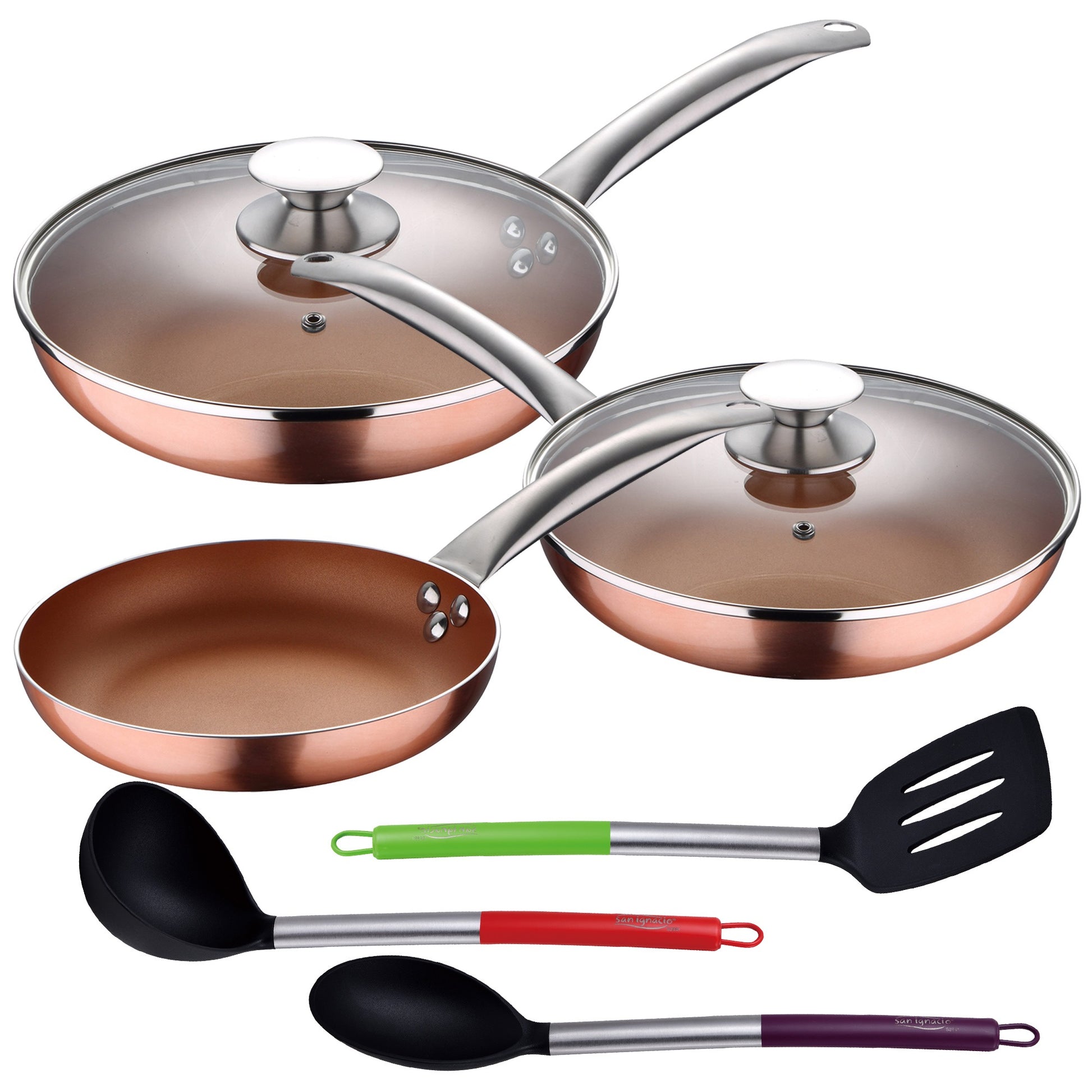 Set 5pc Sartenes (con Tapa) Aluminio Prensado Inducción Con Set 3pc Utensilios De Cocina Nylon_0