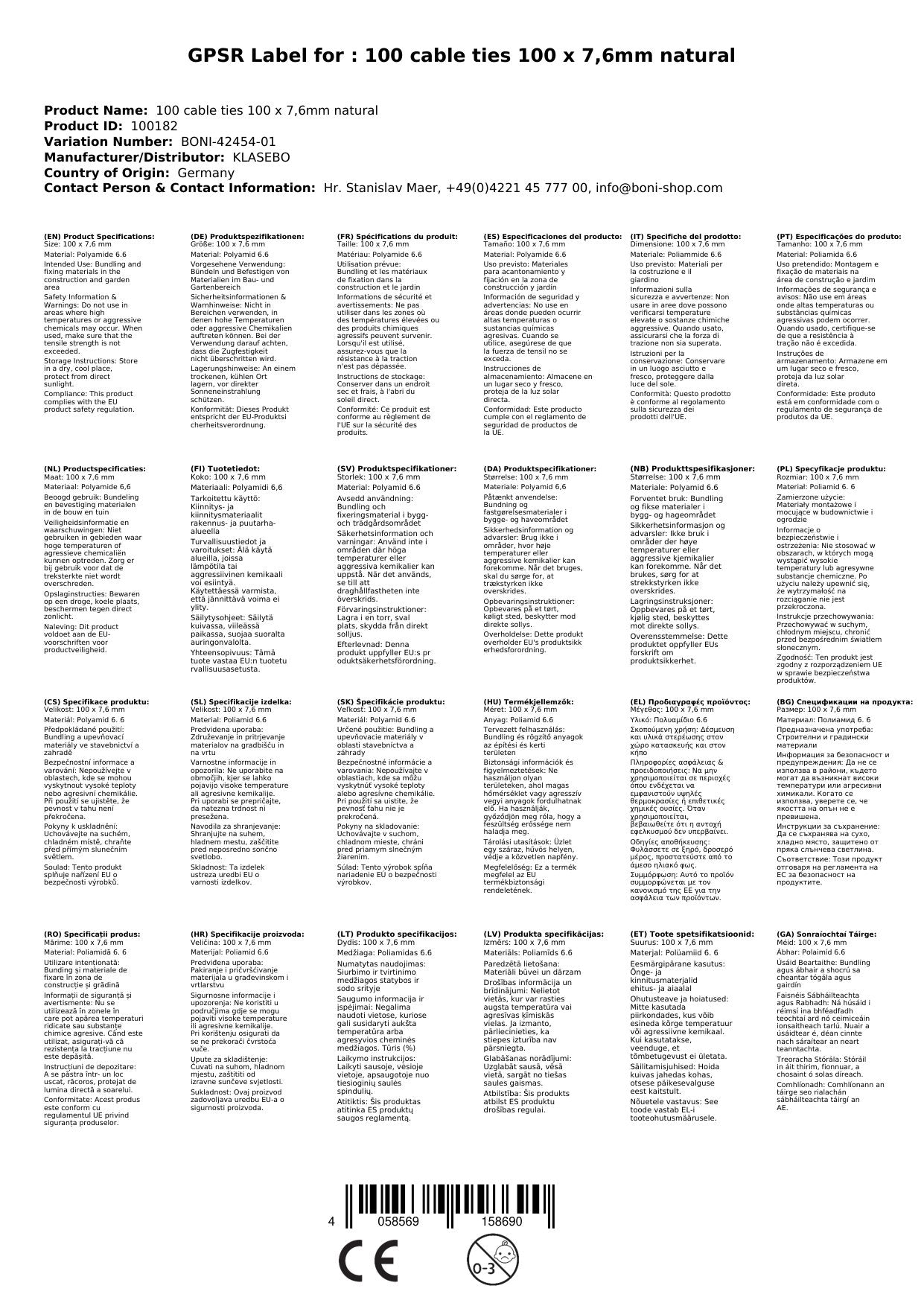 Bridas Reutilizables, 100 X 7,6 Mm, Poliamida, Natural (100uds)