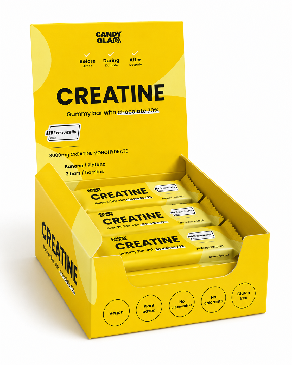 Candyglam Creatine | Gummy Bar Vegana Con Chocolate 70% | 3g Creatina Creavitalis® | Pack 24 Barritas_0