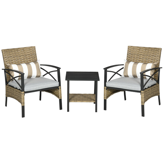Outsunny Conjunto Mesa Y 2 Sillas De Jardín De Ratán 3 Piezas Con 2 Cojines_0