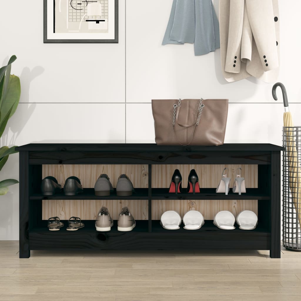 Banco Zapatero Madera Maciza De Pino Negro 110x38x45,5 Cm / Vetonek_3