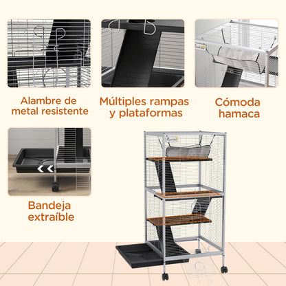 Pawhut Jaula Para Animales Pequeños De 4 Niveles Con Ruedas 52x52x113,5cm Gris_5