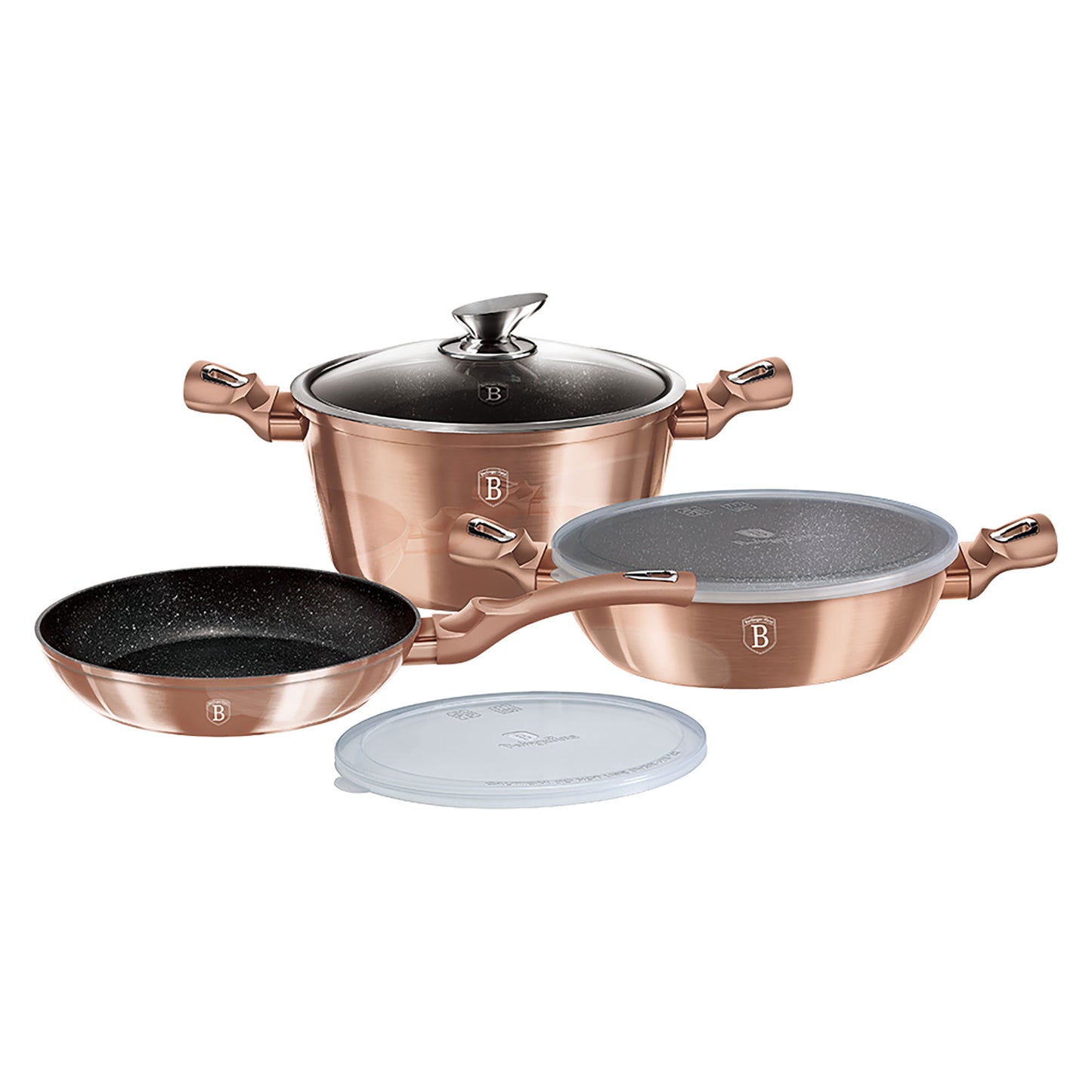 Batería De Cocina Aluminio Forjado Antiadherente Sin Pfoa, Set 2 Cacerolas, 1 Sartén, Tapas Berlinger Haus Rose Gold Oro Rosado