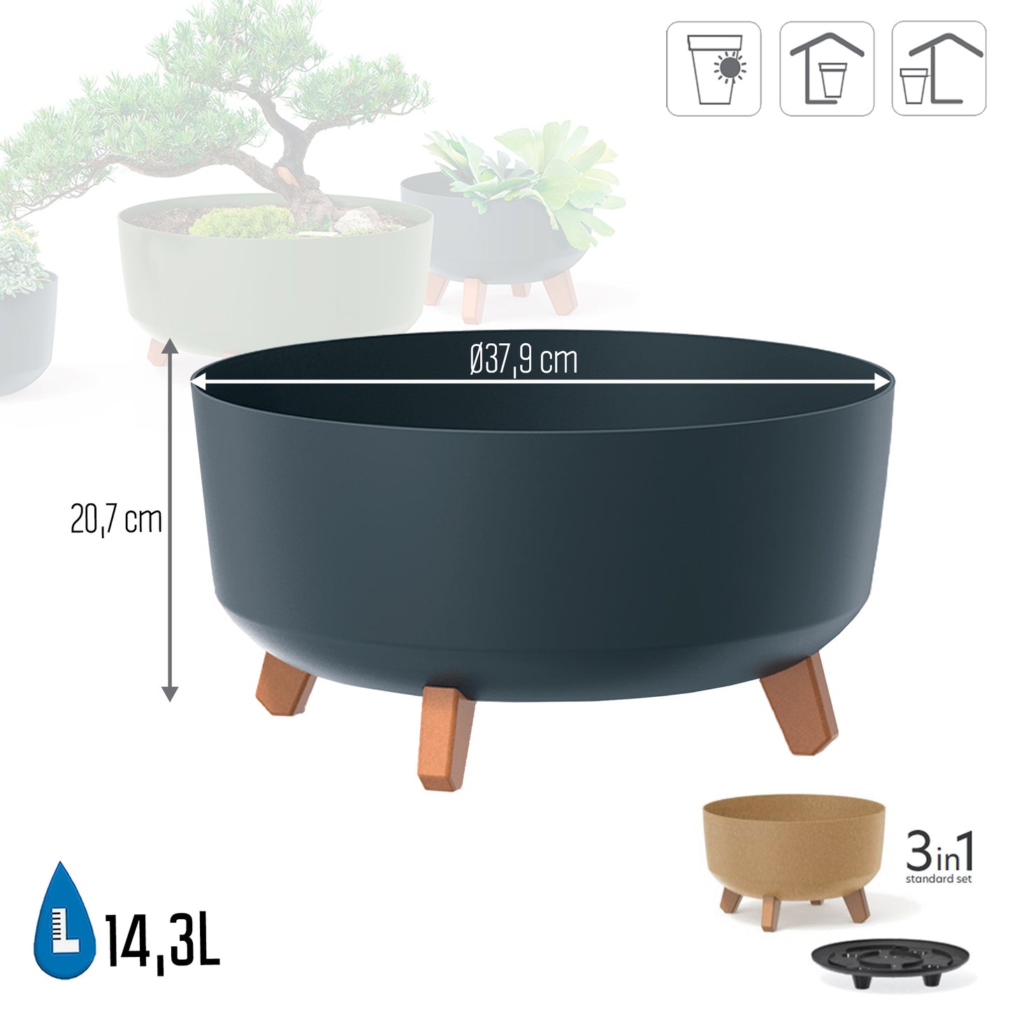 Macetero Color Antracita,sin Depósito , Colección Gracia De 38 X 38 X 19,5 Cm, Capacidad De 14,3 L.