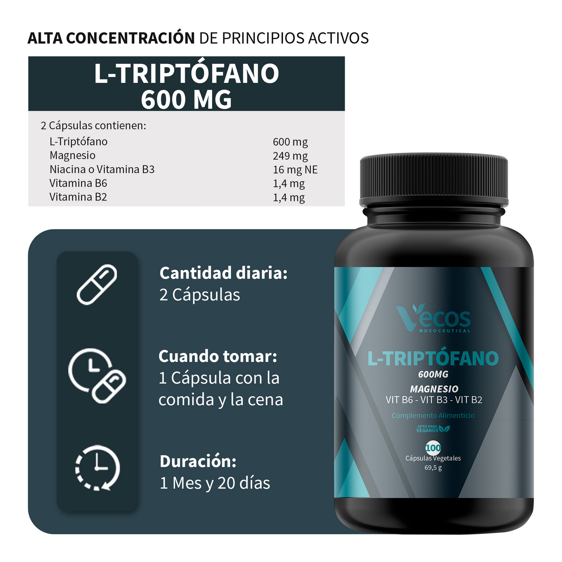 L-triptófano 600 Mg Vecos 100 Cápsulas | Relajación, Descanso Y Equilibrio Emocional | Con Magnesio Y Vitaminas B_2