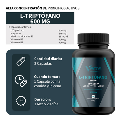 L-triptófano 600 Mg Vecos 100 Cápsulas | Relajación, Descanso Y Equilibrio Emocional | Con Magnesio Y Vitaminas B_2