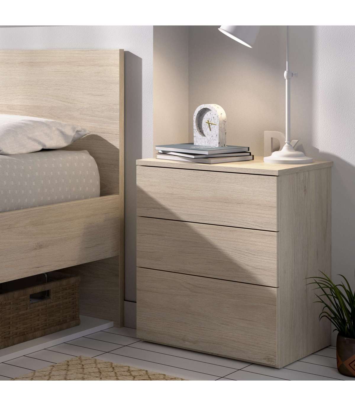 Mesita De Noche Rus Con 3 Cajones En Roble Natural, 58 Cm(alto)52 Cm(ancho)34 Cm(fondo)_0