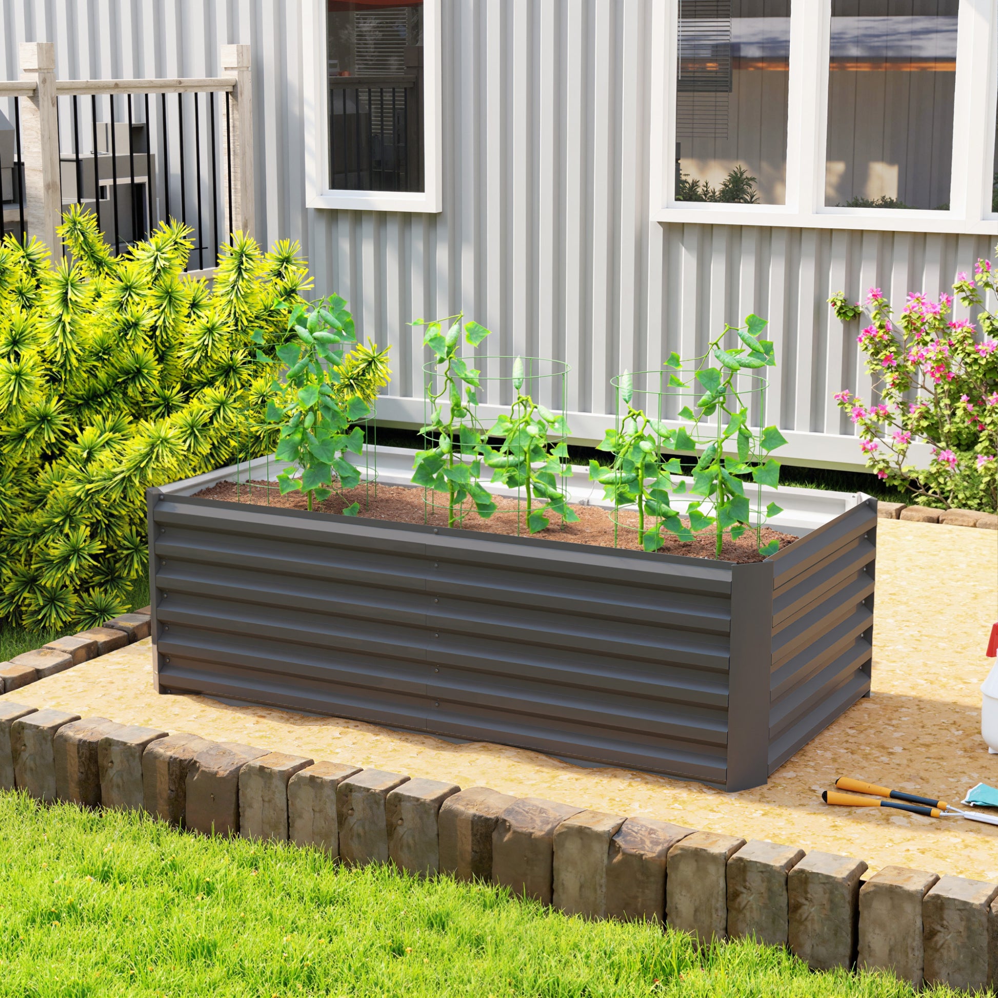 Outsunny Jardinera Exterior Grande De Acero Galvanizado Con Base Abierta Gris_1