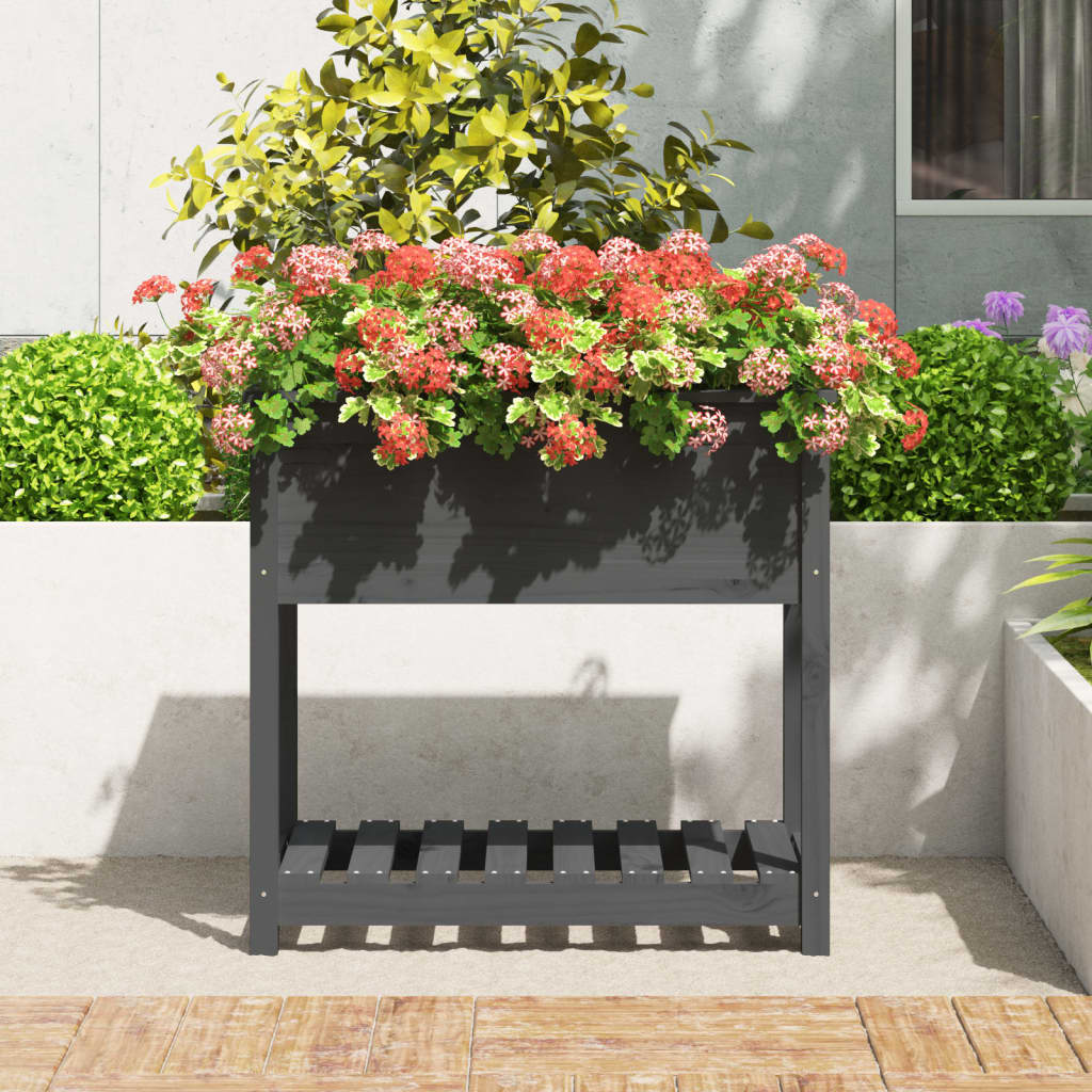 Jardinera Con Estante Madera Maciza De Pino Gris 82,5x54x81 Cm_2