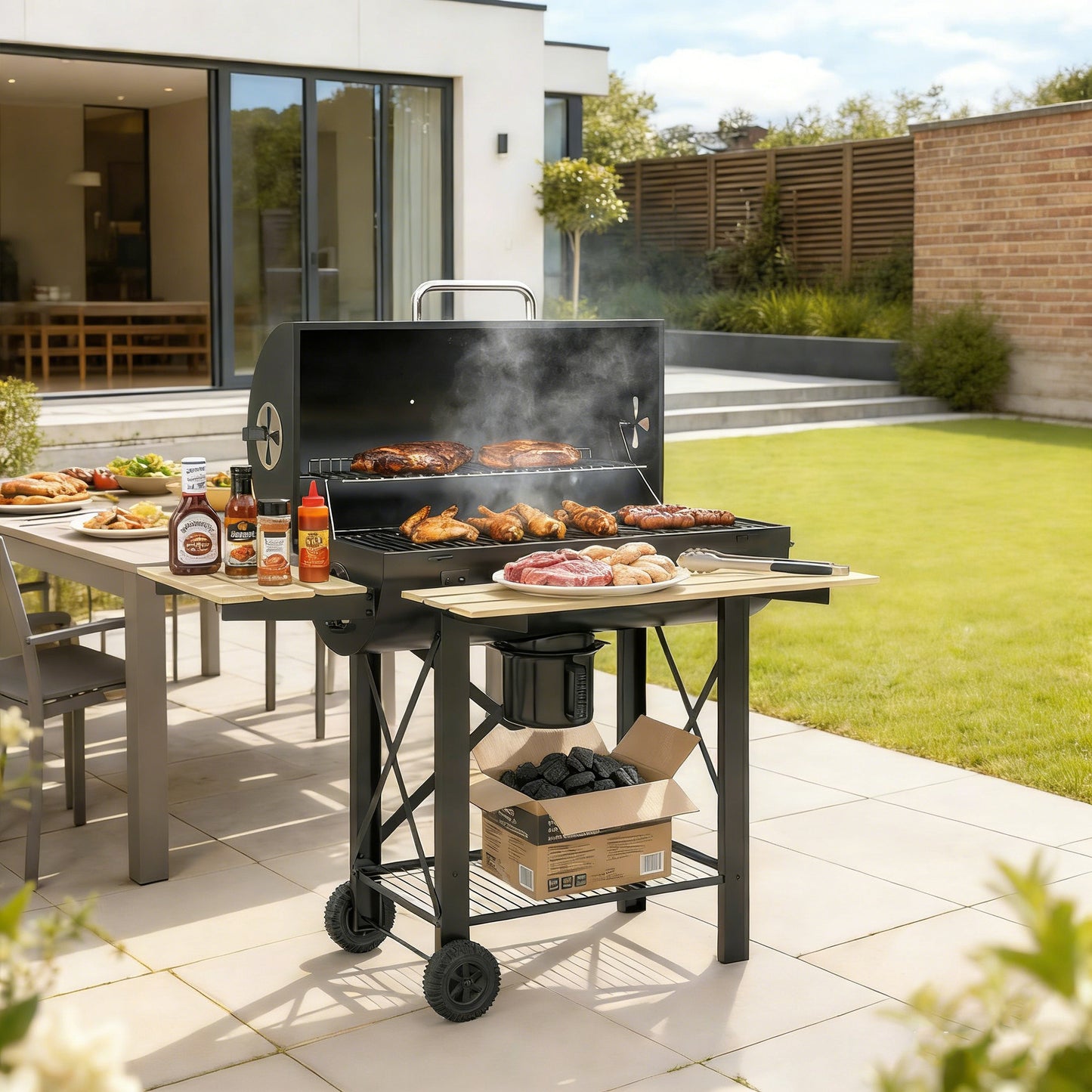 Outsunny Barbacoa De Carbón Portátil Móvil Con Estantes Plegables Tapa Negro_1