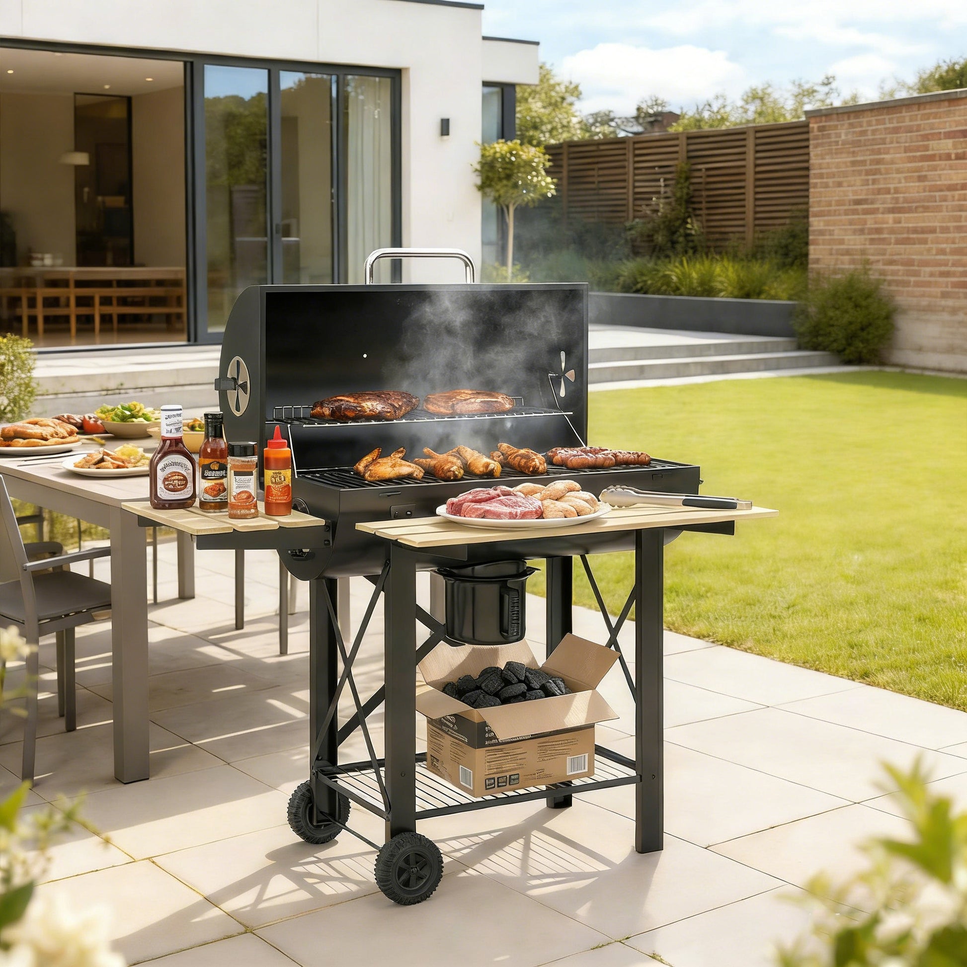 Outsunny Barbacoa De Carbón Portátil Móvil Con Estantes Plegables Tapa Negro_1