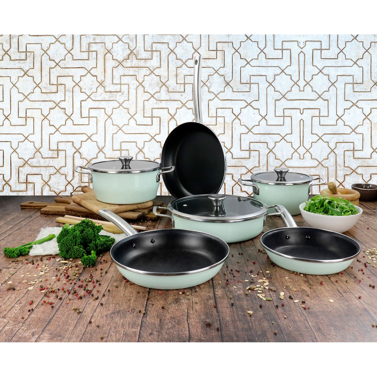 Batería Cocina Inducción 9 Piezas, Antiadherente Libre Pfoa Exterior Verde Menta Retro Vintage Magefesa Nordic, Verde_1