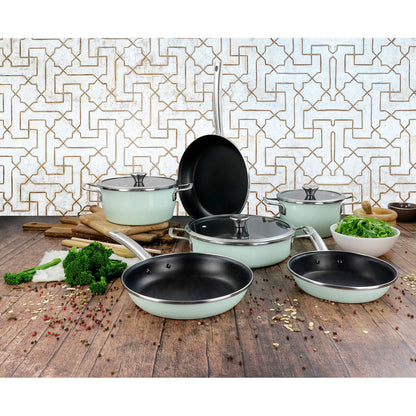 Batería Cocina Inducción 9 Piezas, Antiadherente Libre Pfoa Exterior Verde Menta Retro Vintage Magefesa Nordic, Verde_1