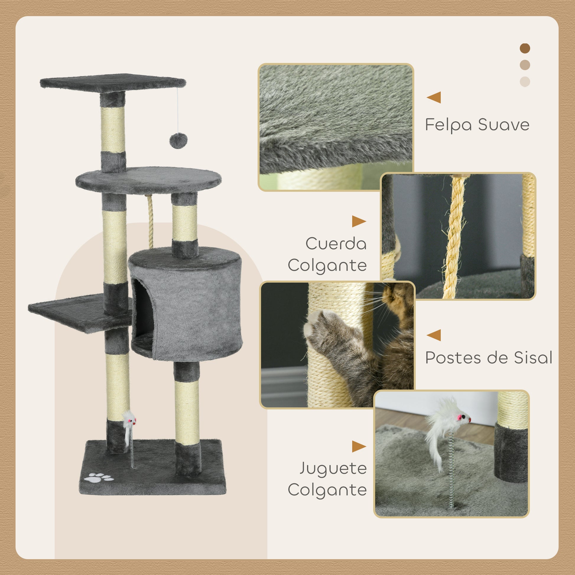 Pawhut Rascador Para Gatos Altura 116cm Con Postes De Sisal Cueva Y Plataformas_4