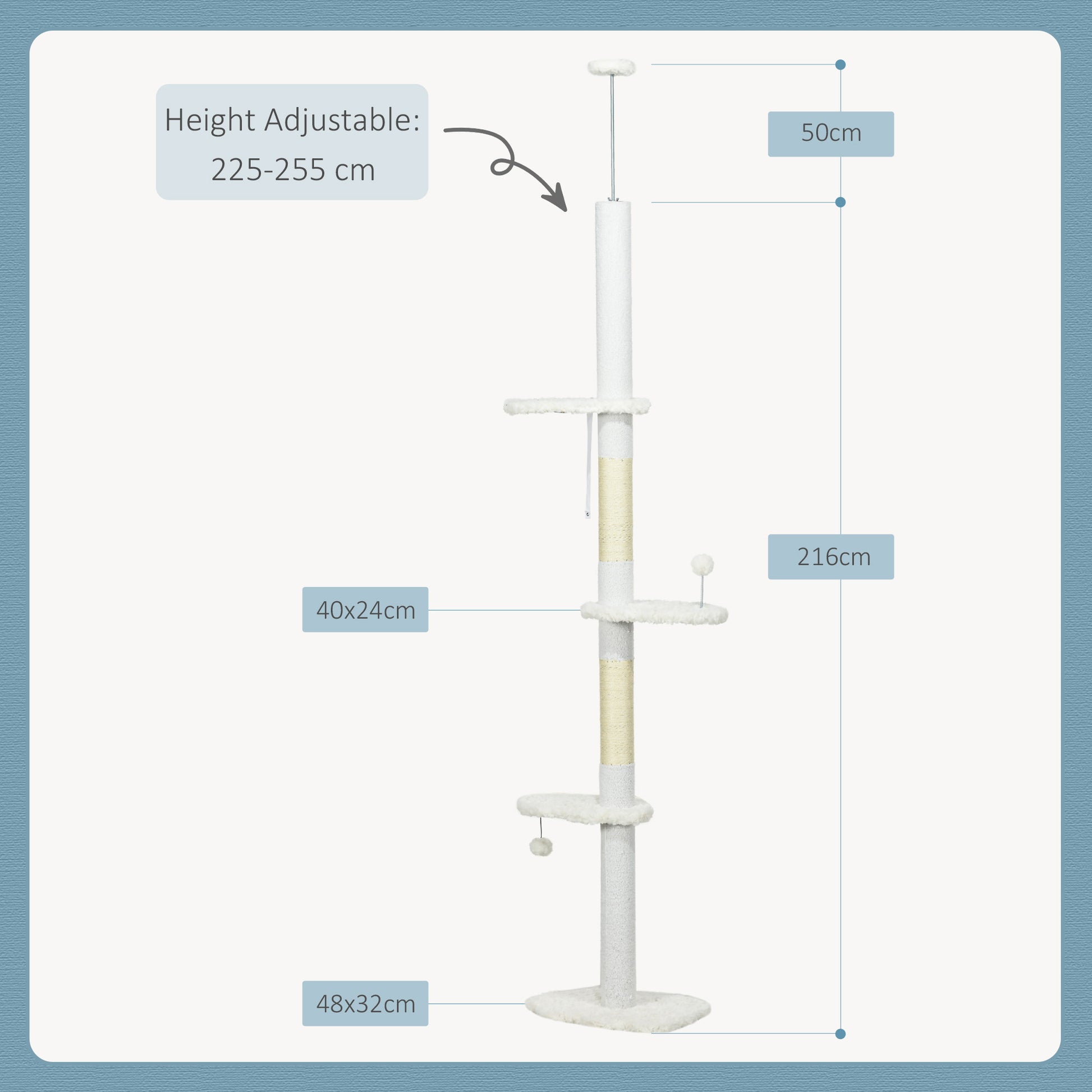 Árbol Rascador Para Gatos De Suelo A Techo Ajustable 48x32x225-255 Cm Blanco_2