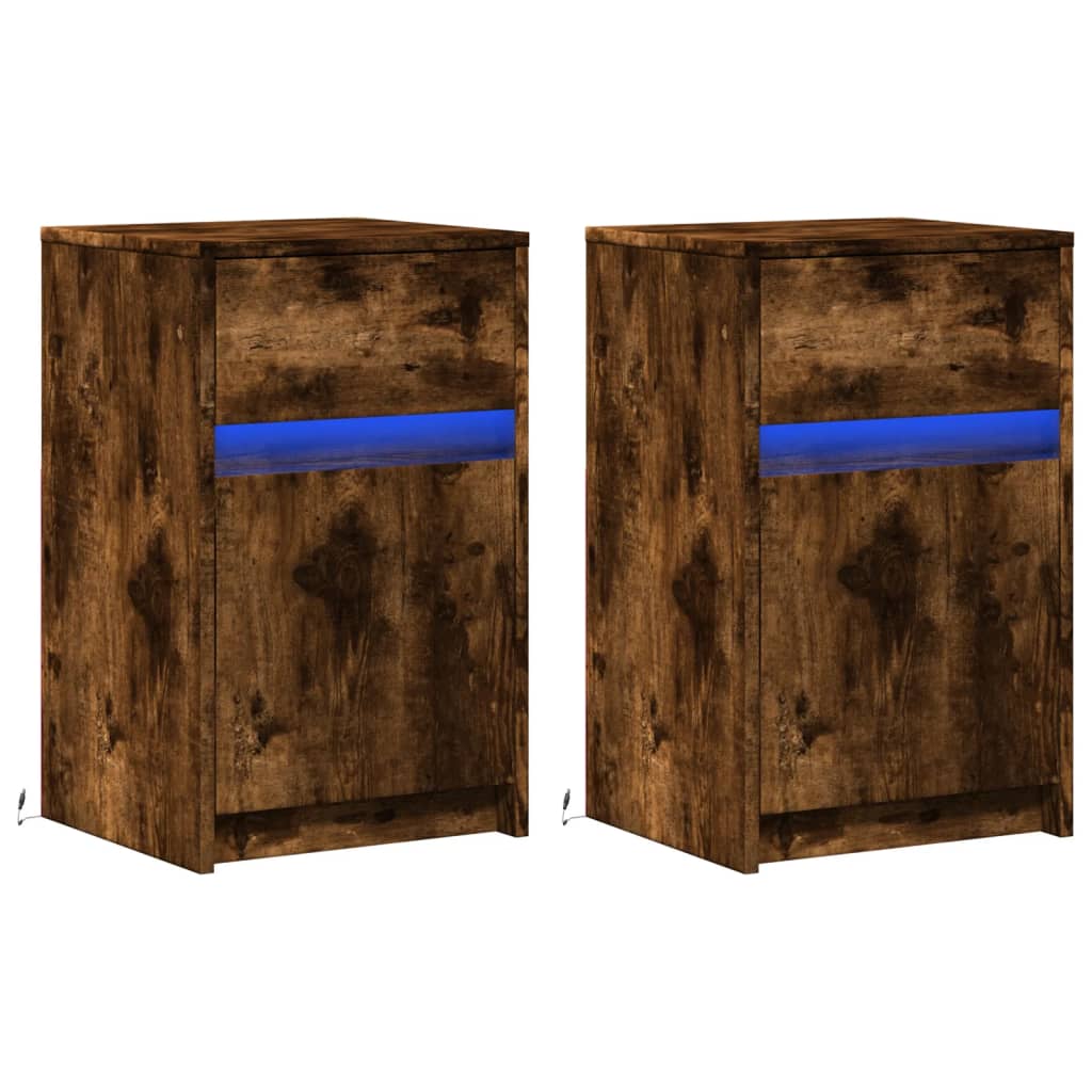 Mesita De Noche Luces Led 2 Uds Madera Ingeniería Roble Ahumado_1
