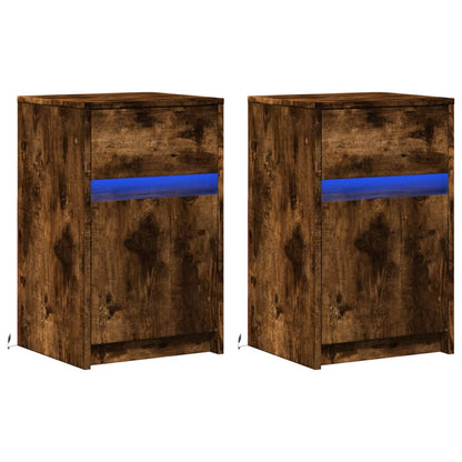 Mesita De Noche Luces Led 2 Uds Madera Ingeniería Roble Ahumado_1