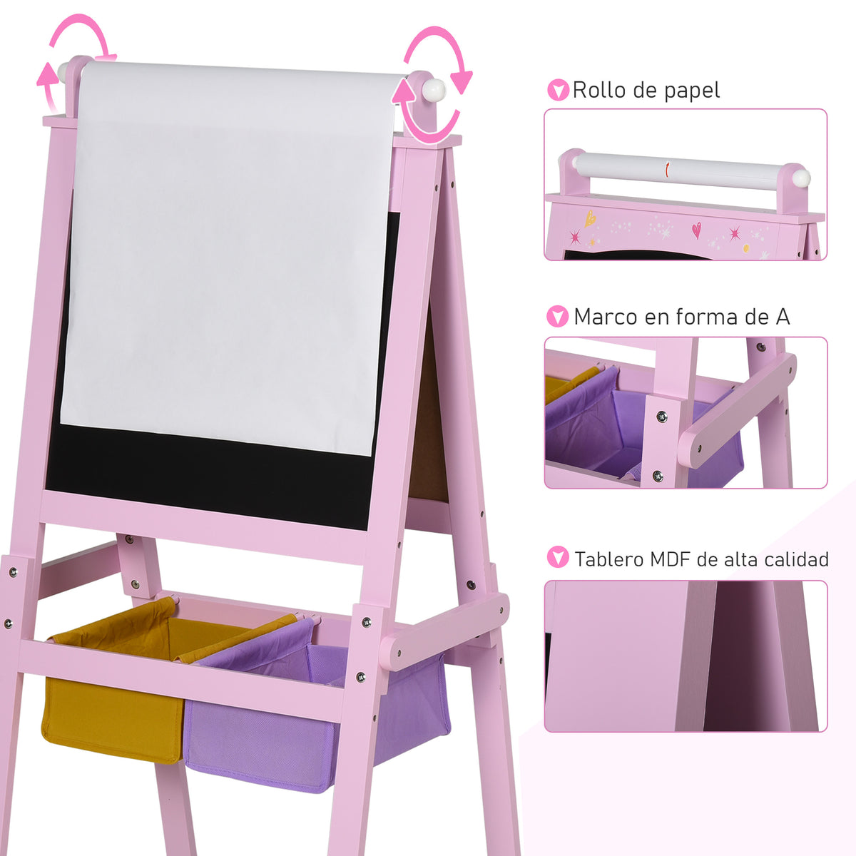 Cavalete Infantil Homcom Mdf, Tecido Não Tecido Rosa 58,5x50,5x118 Cm_5