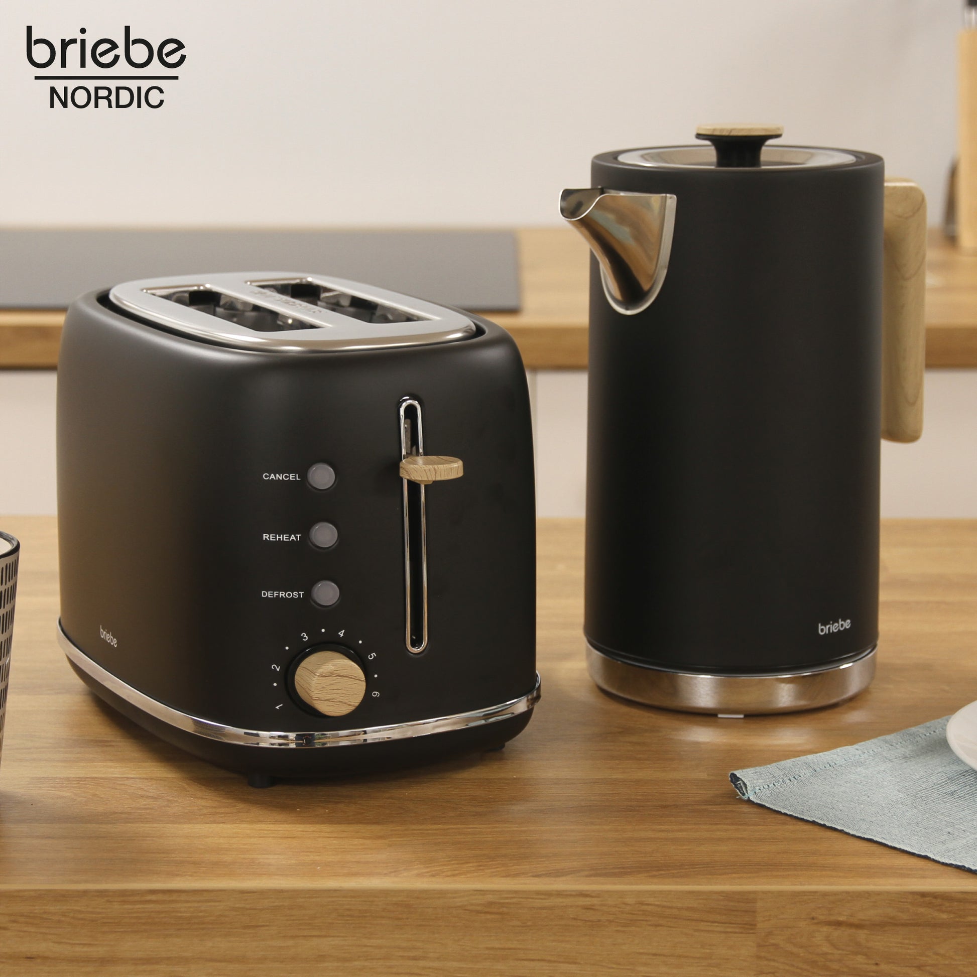Briebe Nordic Set Tostadora Pan Ranura Ancha 2 Rebanadas + Hervidor Agua Eléctrico 1,7l Inalámbrico, Skt1167blk, Negro_1
