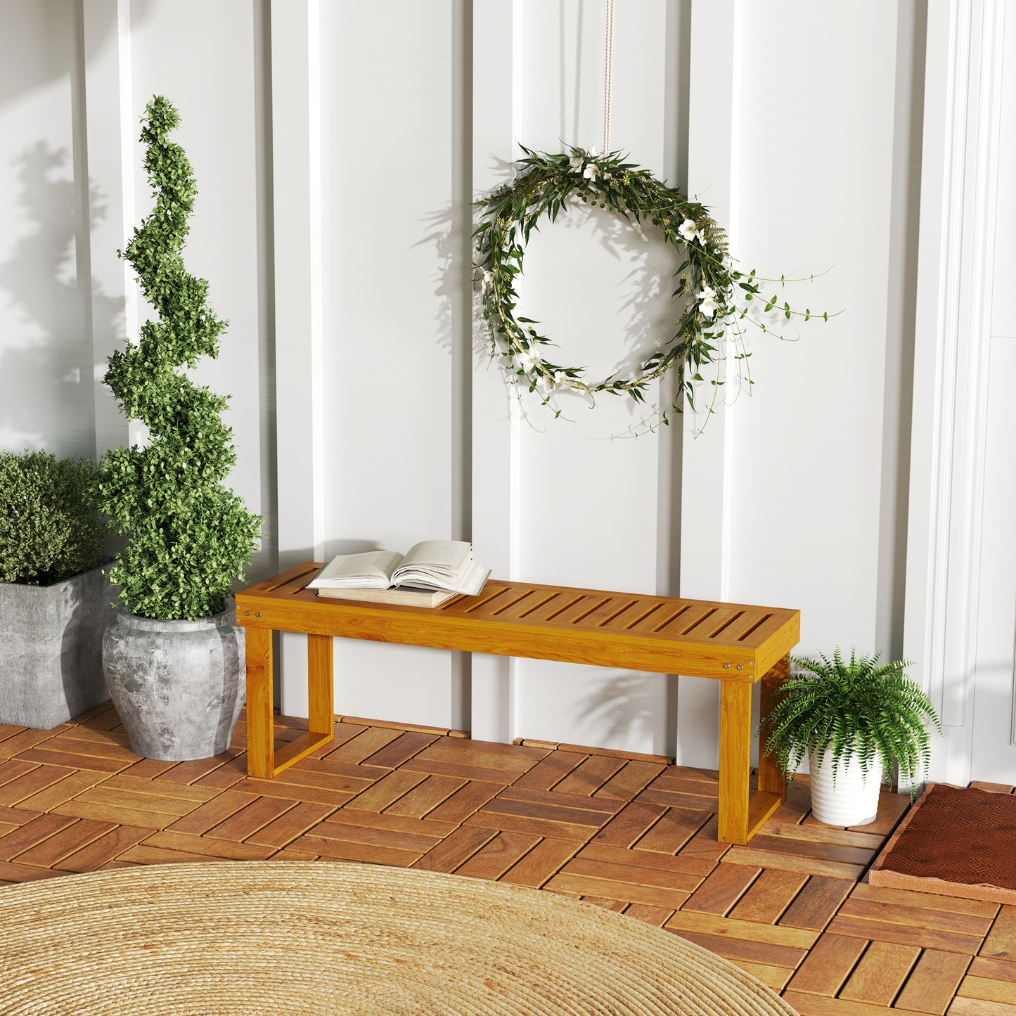 Outsunny Banco De Jardín De Madera De 2 Plazas Asiento De Lamas 120x34x43cm Teca_1