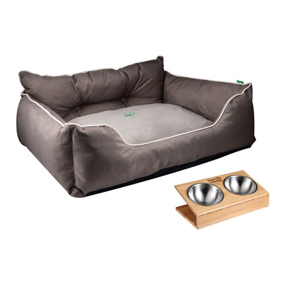 Cama Para Mascota 75x60x25cm Marrón + Comedero Doble De Acero En Bambú