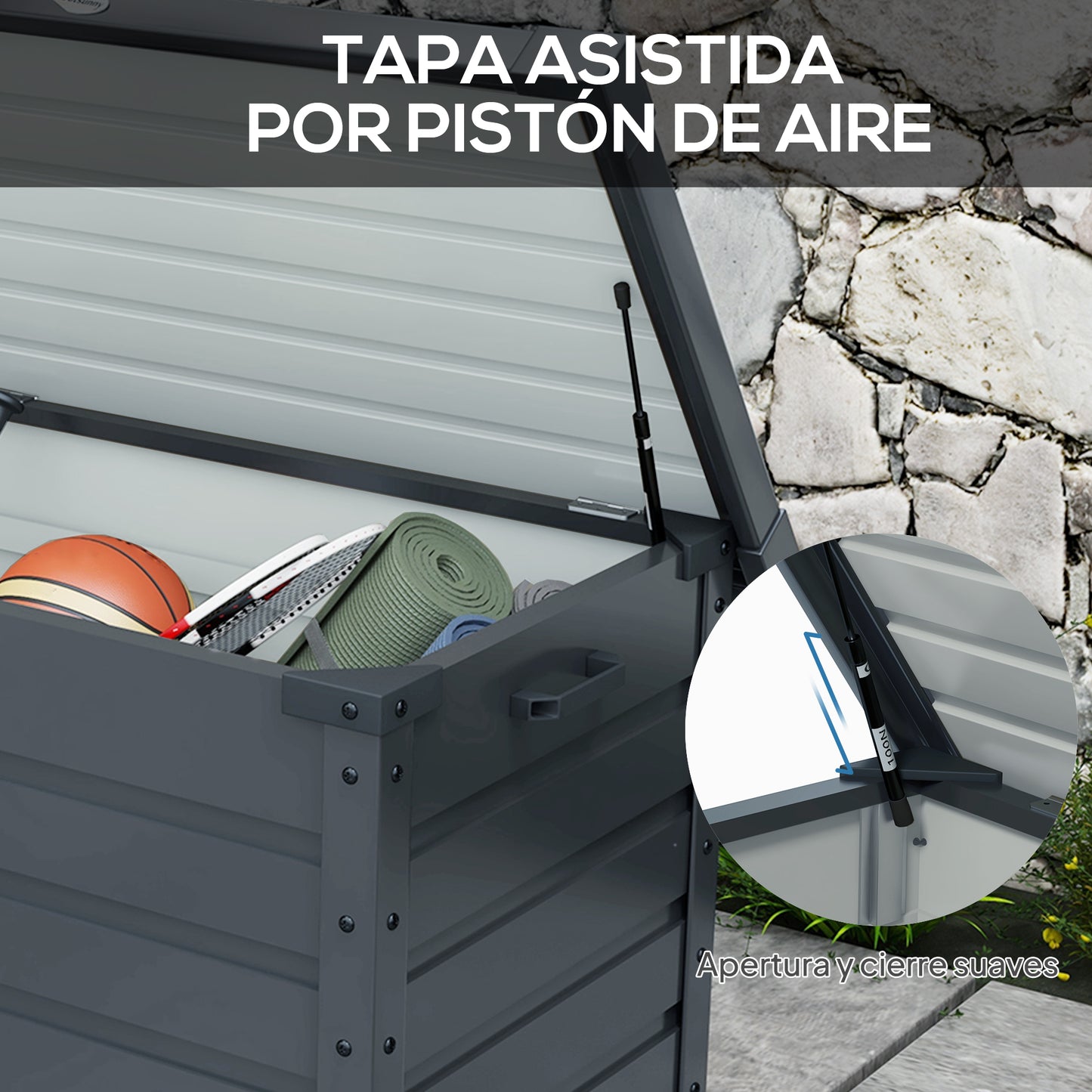 Outsunny Baúl De Almacenaje Exterior 295l Con 4 Ruedas 2 Asas 100x62x65 Cm Gris_5