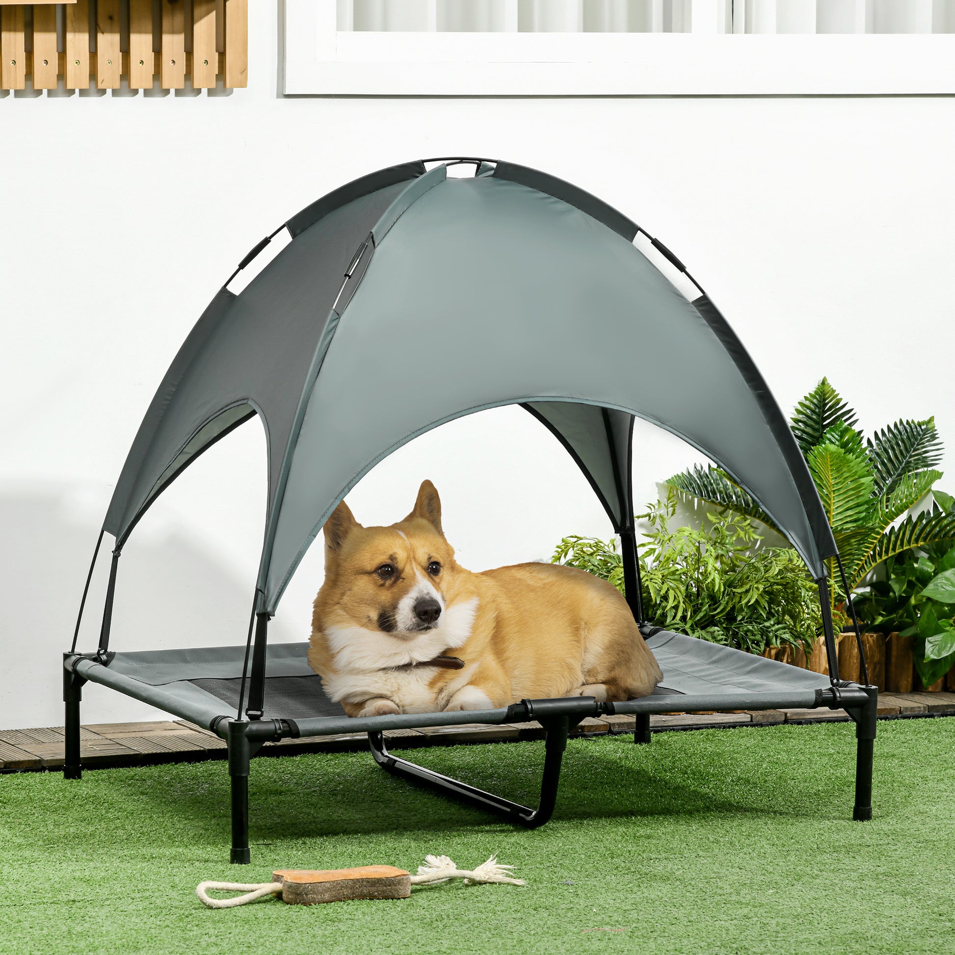 Pawhut Cama Elevada Para Mascotas Portátil Con Toldo Extraíble Exterior 92x76x90_1