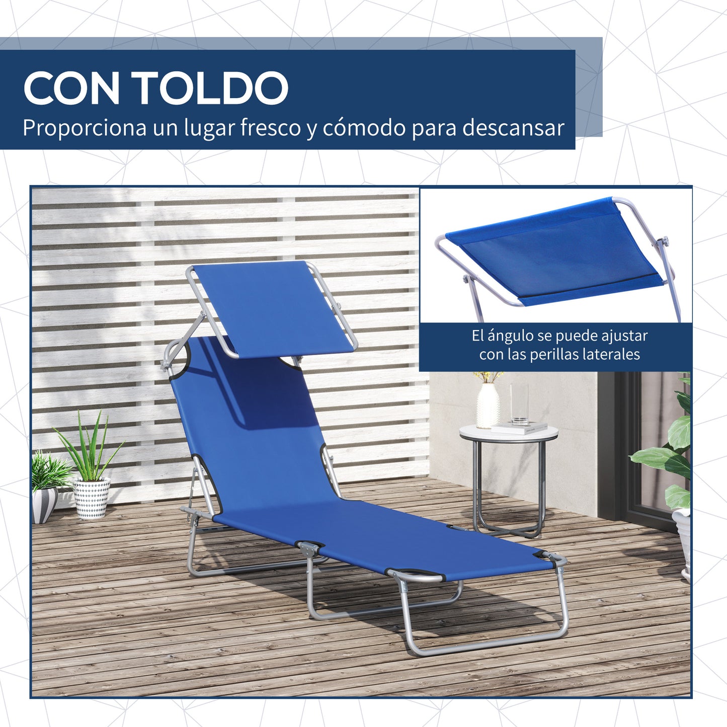 Outsunny Tumbona De Jardín Plegable Con Toldo Desmontable 187x58x36cm Azul_5