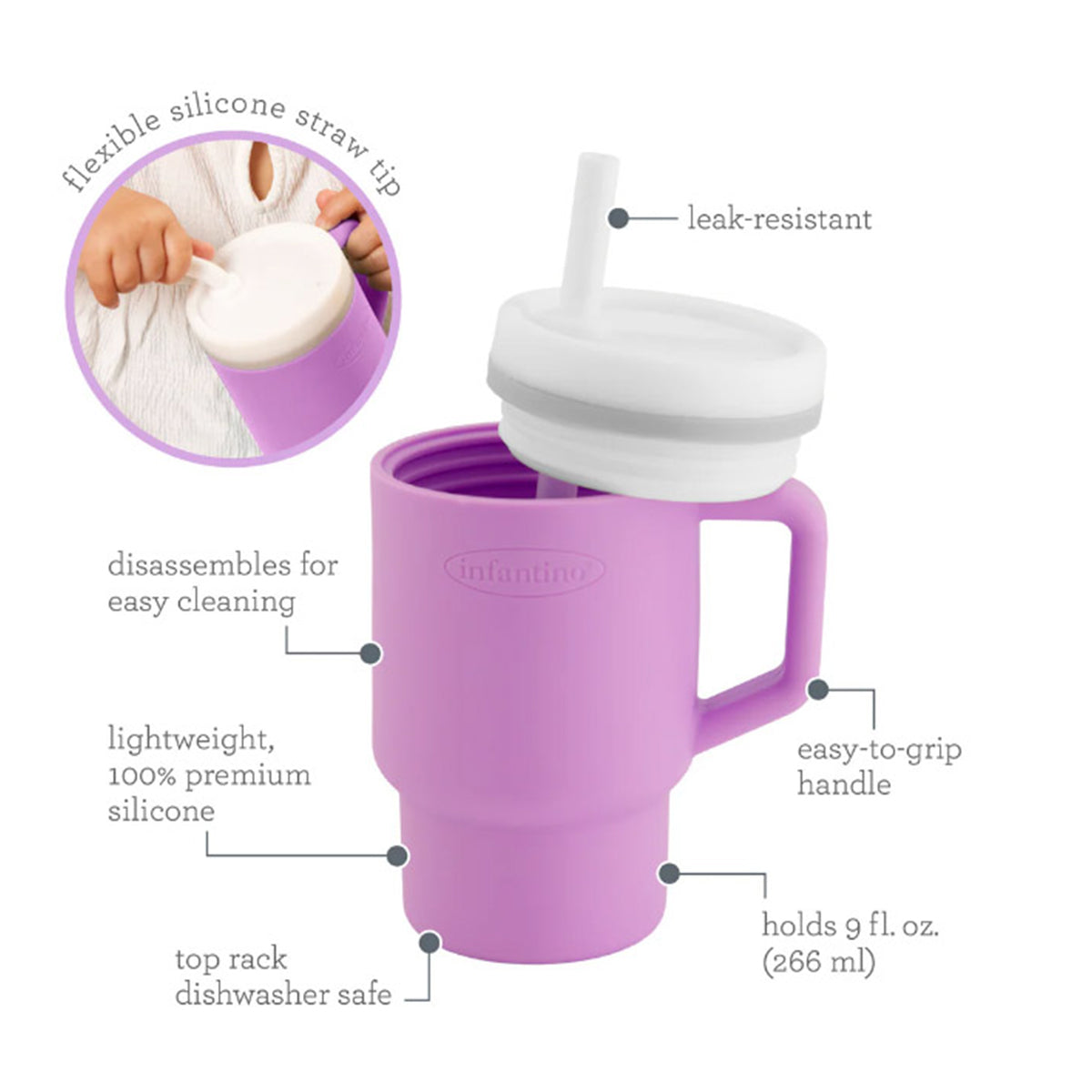 Infantino Mi Primer Vaso, Pajita Resistente Y Asa Para Niños Pequeños, Fácil De Limpiar, 250ml, Lila_1