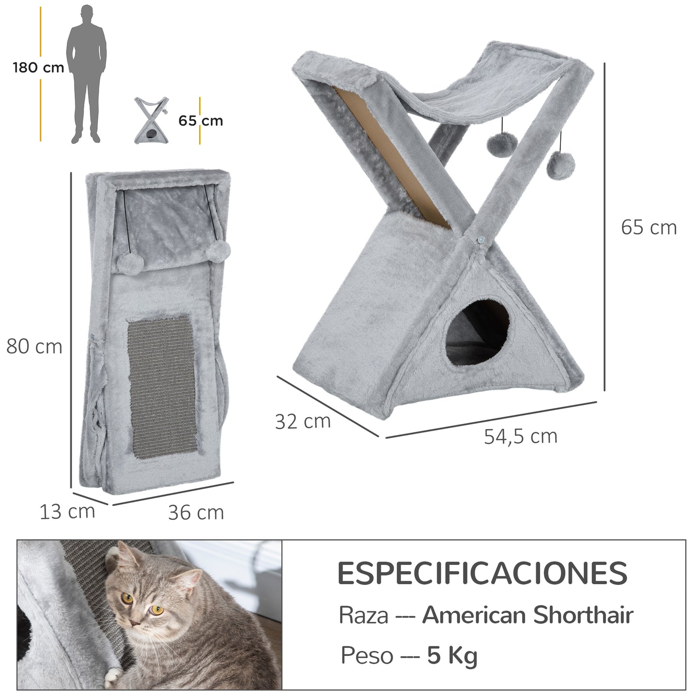 Pawhut Árbol Rascador Plegable Para Gatos Con Cueva Hamaca Bolas Colgantes_2