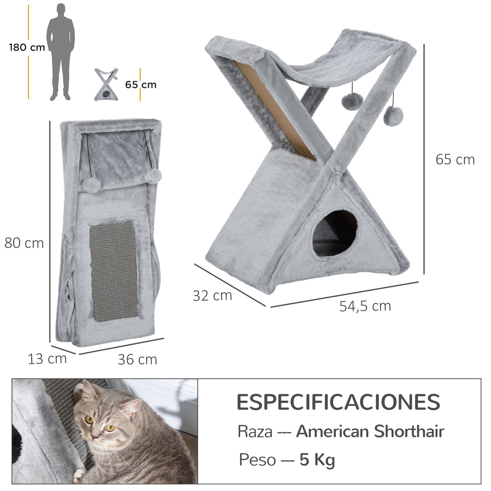 Pawhut Árbol Rascador Plegable Para Gatos Con Cueva Hamaca Bolas Colgantes_2