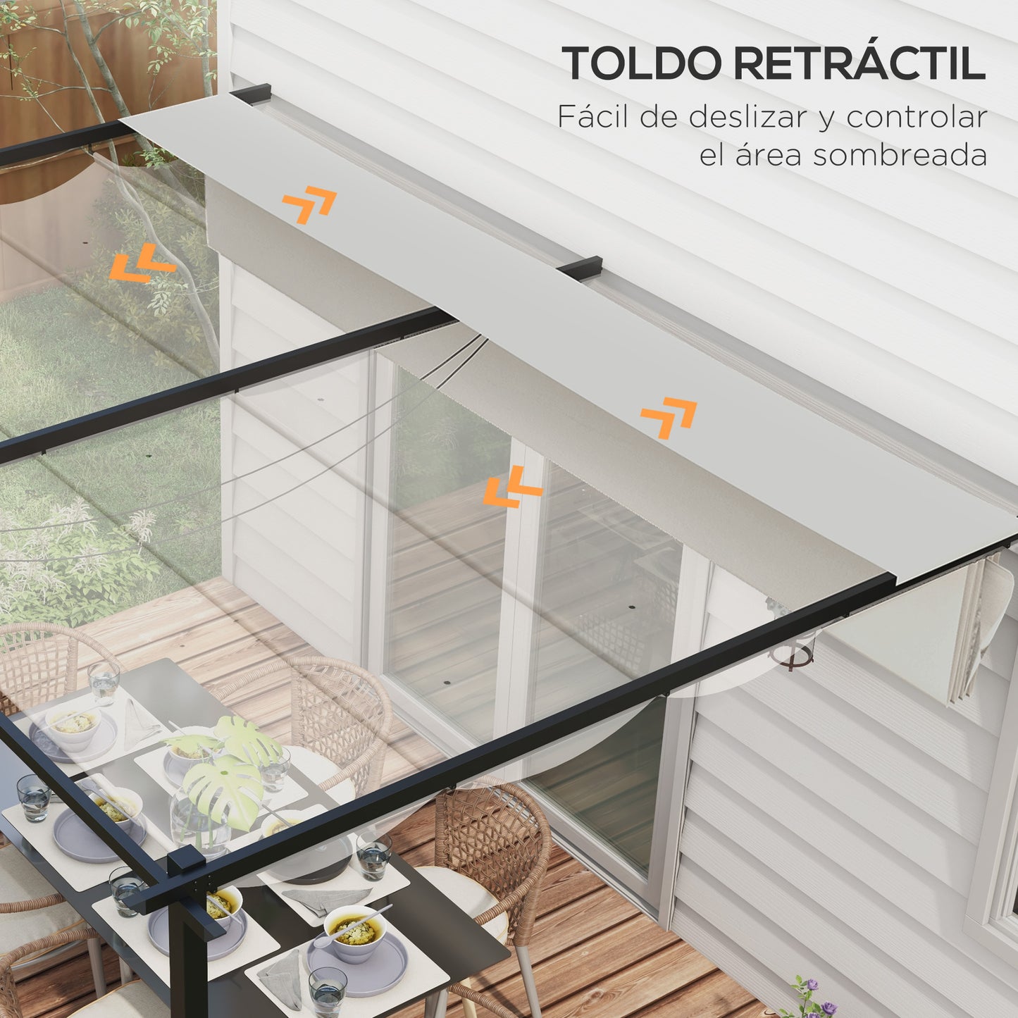 Outsunny Pérgola De Pared De Jardín 4x3 M Con Techo Retráctil Tela Poliéster_3