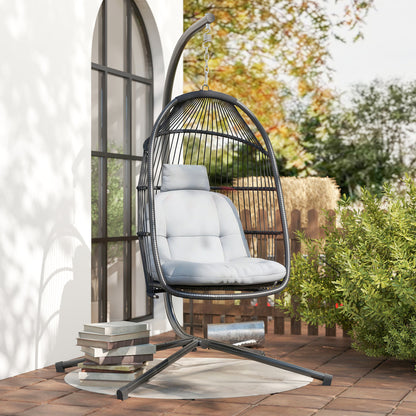 Outsunny Silla Colgante Huevo Con Soporte Cesta Plegable Cojín Gris Oscuro_3