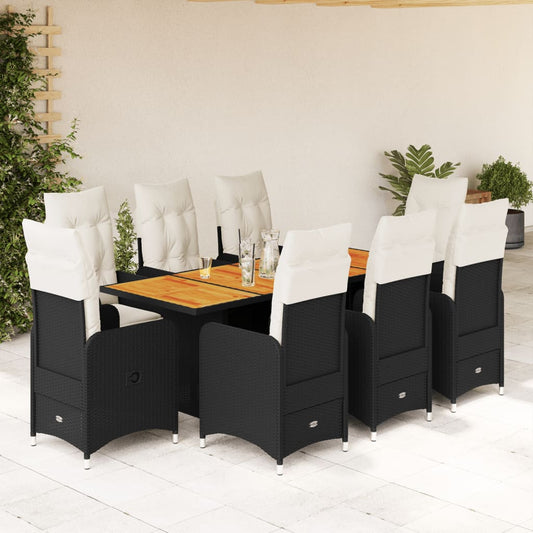 Set De Mesa Y Sillas De Jardín 9 Pzas Y Cojines Ratán Pe Negro / Vetonek_0