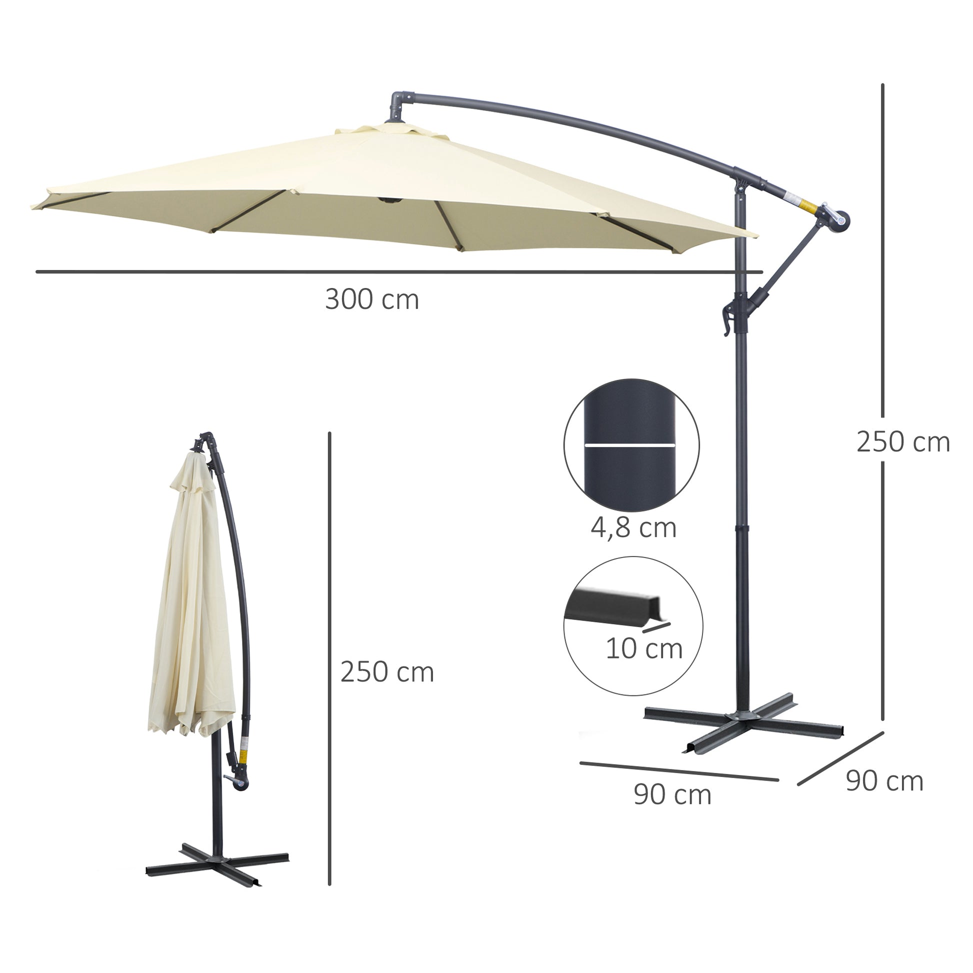 Outsunny Sombrilla De Jardín Ø300x250cm Inclinable Manivela Base Cruzada Beige_2