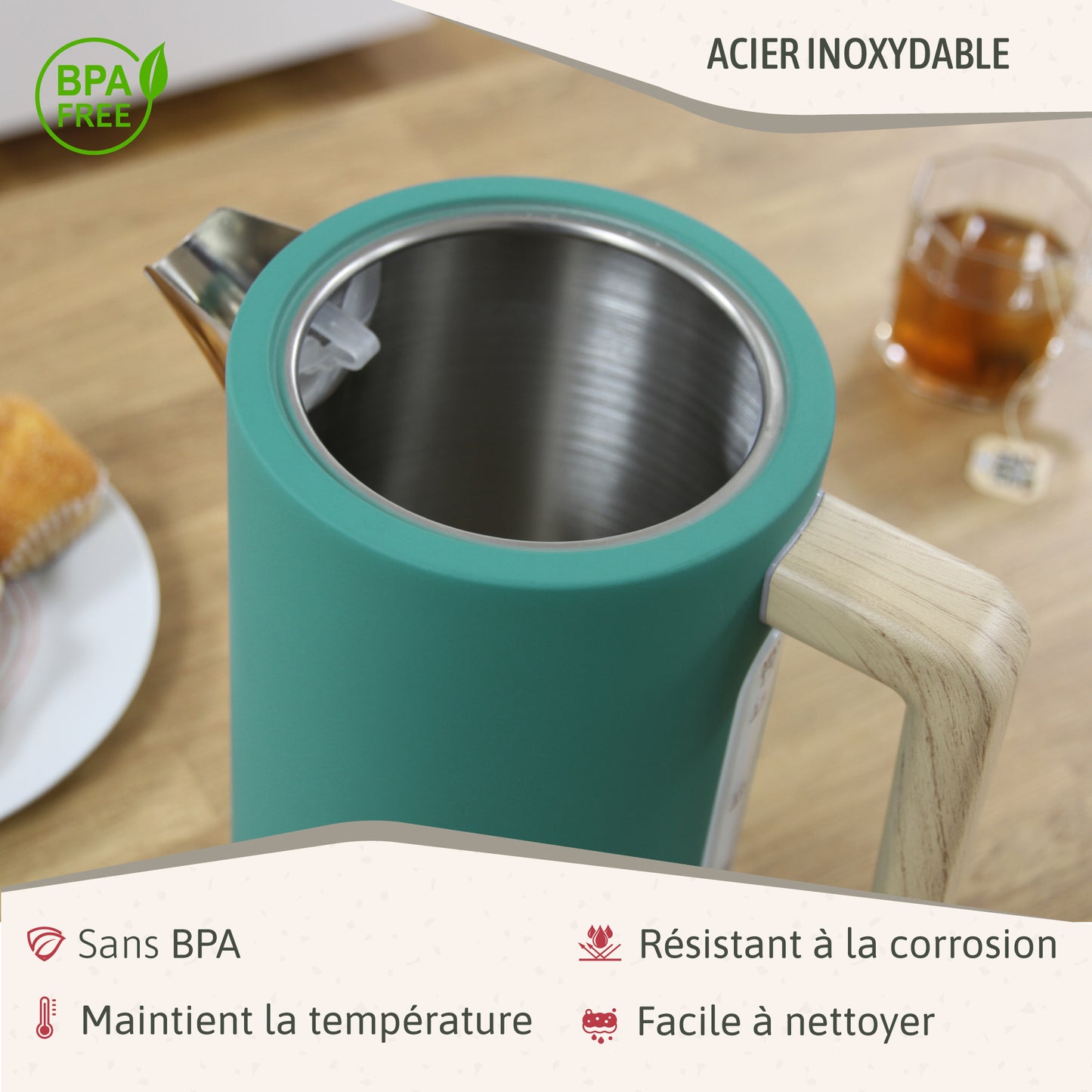 Briebe Nordic Hervidor Agua Eléctrico 1,7l Inalámbrico Ebullición Rápida, Libre De Bpa, Base De 360°, Kt1165gre, Verde_4