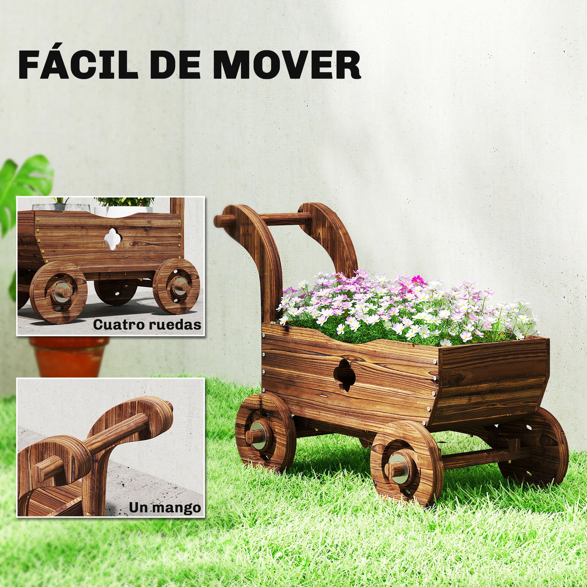 Outsunny Carretilla De Madera Decorativa Exterior Con 4 Ruedas Asa Carbonizado_5