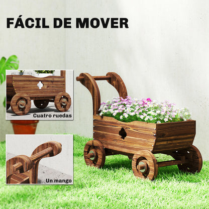 Outsunny Carretilla De Madera Decorativa Exterior Con 4 Ruedas Asa Carbonizado_5