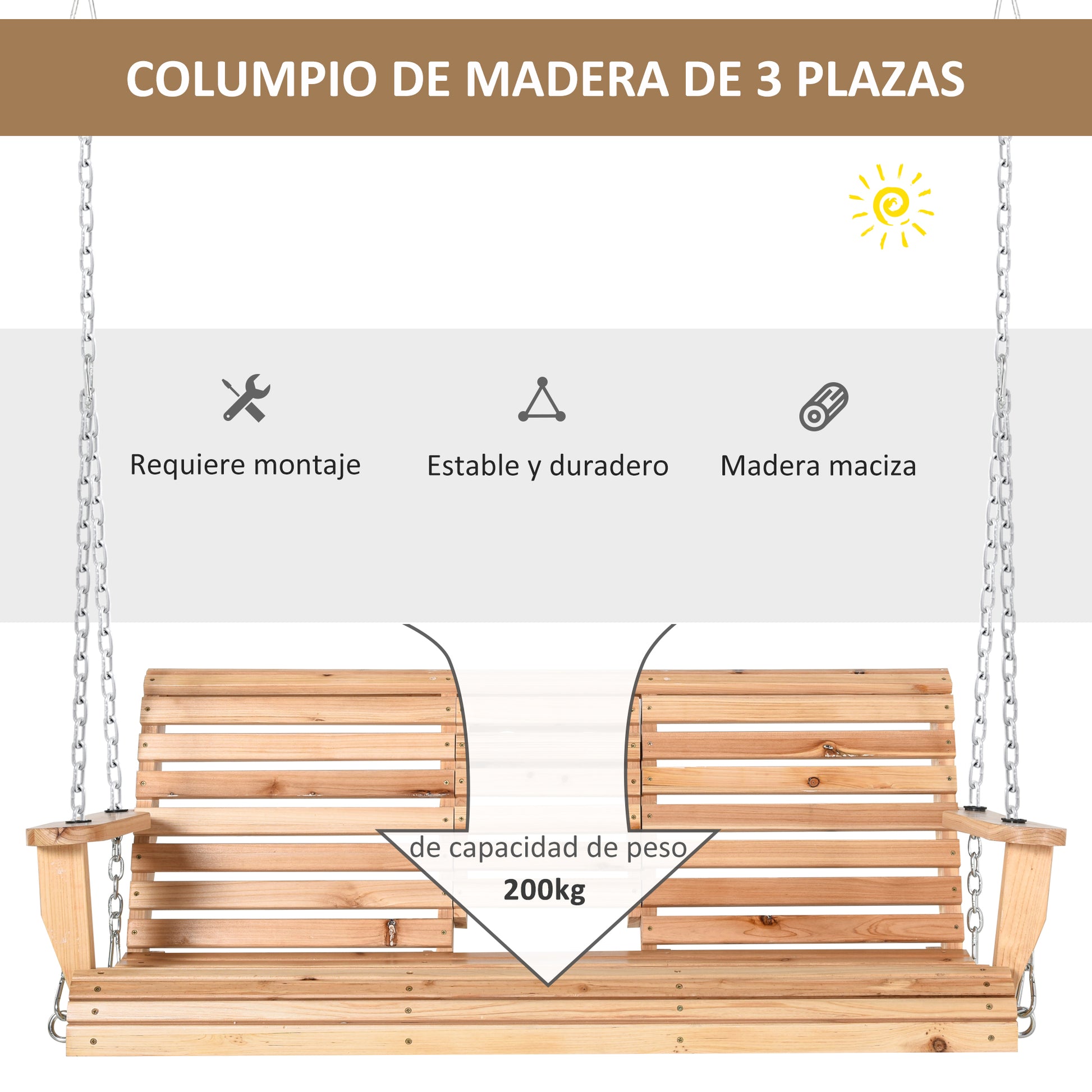 Outsunny Banco Columpio Con Mesa De Centro Plegable 150x75x53 Cm Natural_3