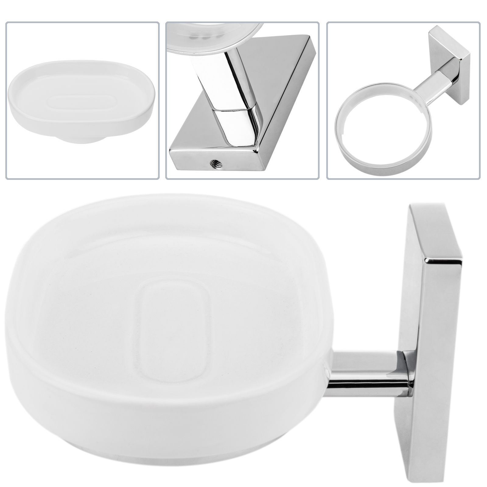 Soporte Cromado De Pared Para Jabón Con Plato Cerámico En Color Blanco Modelo Spool_1