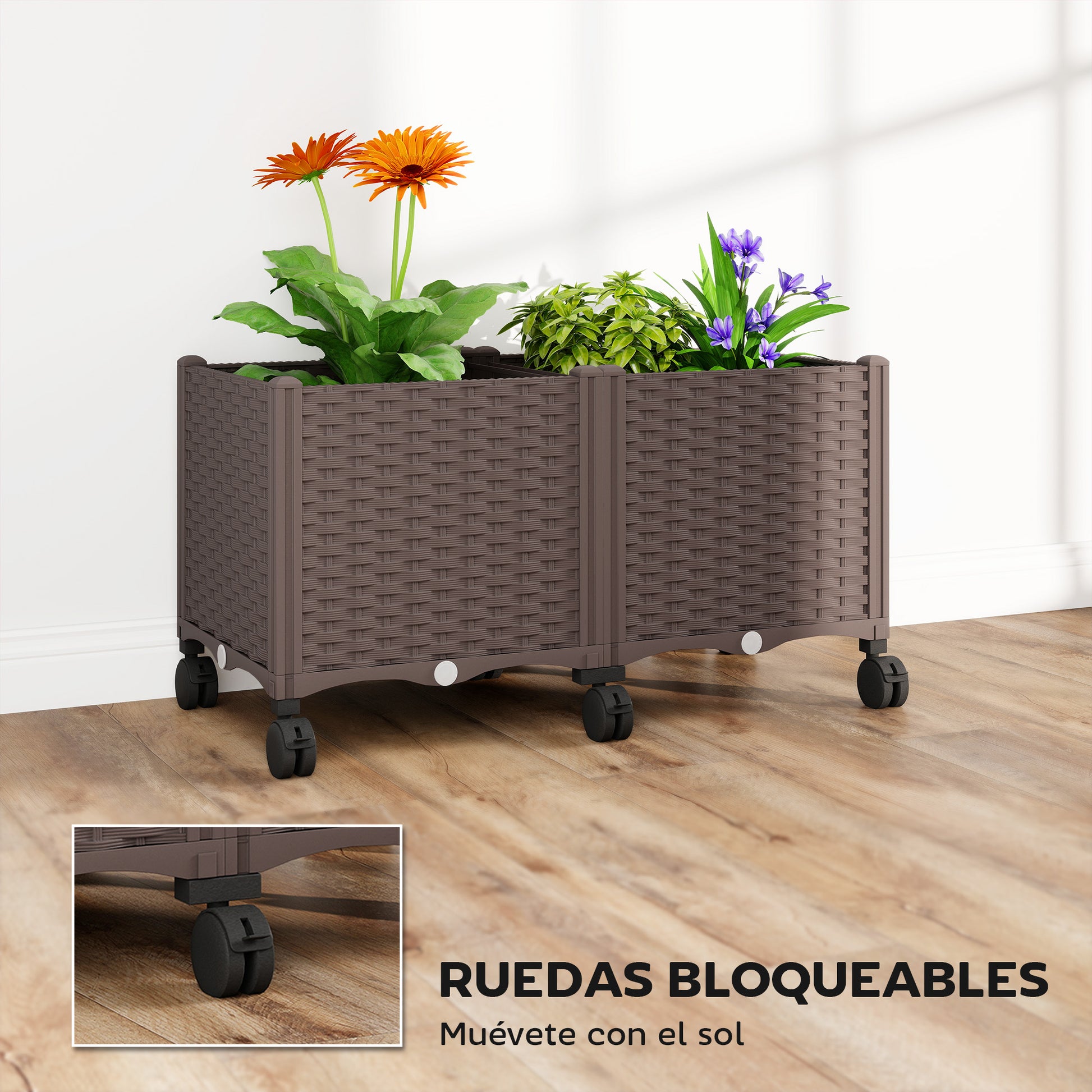 Outsunny Jardinera Elevada Con 6 Ruedas Riego Automático Y Drenaje Marrón_5