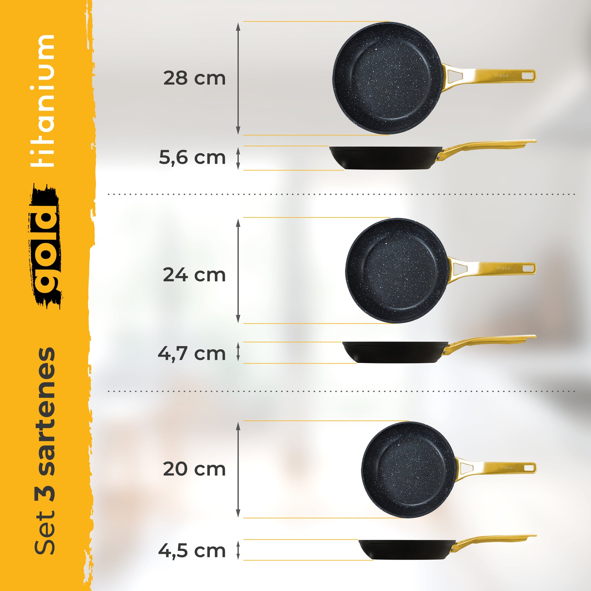 Briebe Set 3 Sartenes Antiadherentes Inducción Titanio 20-24-28cm, Aluminio Forjado Antiadherente, Gold Titanium_4