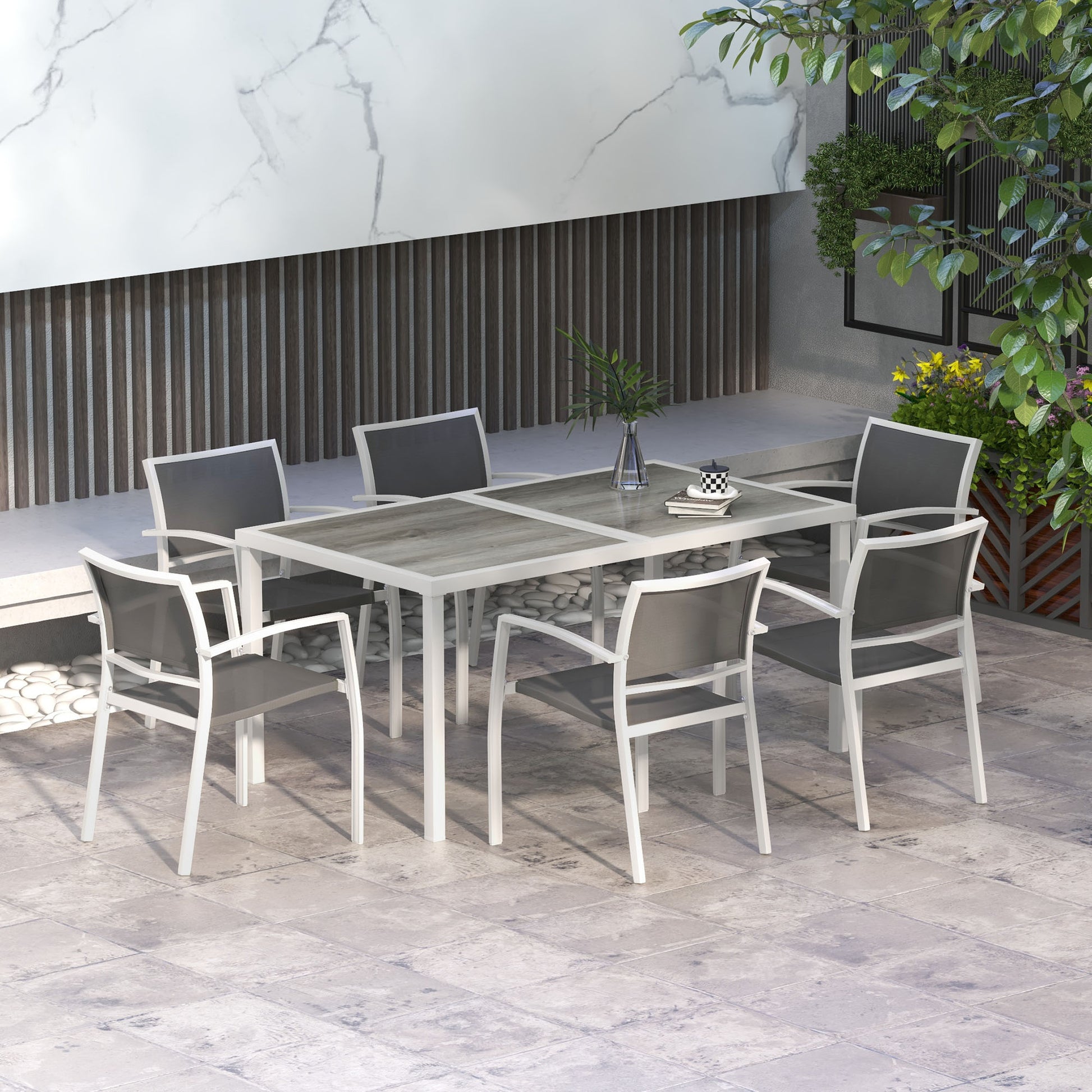 Outsunny Conjunto De Comedor De Exterior Con 1 Mesa Y 6 Sillas Apilables Gris_1