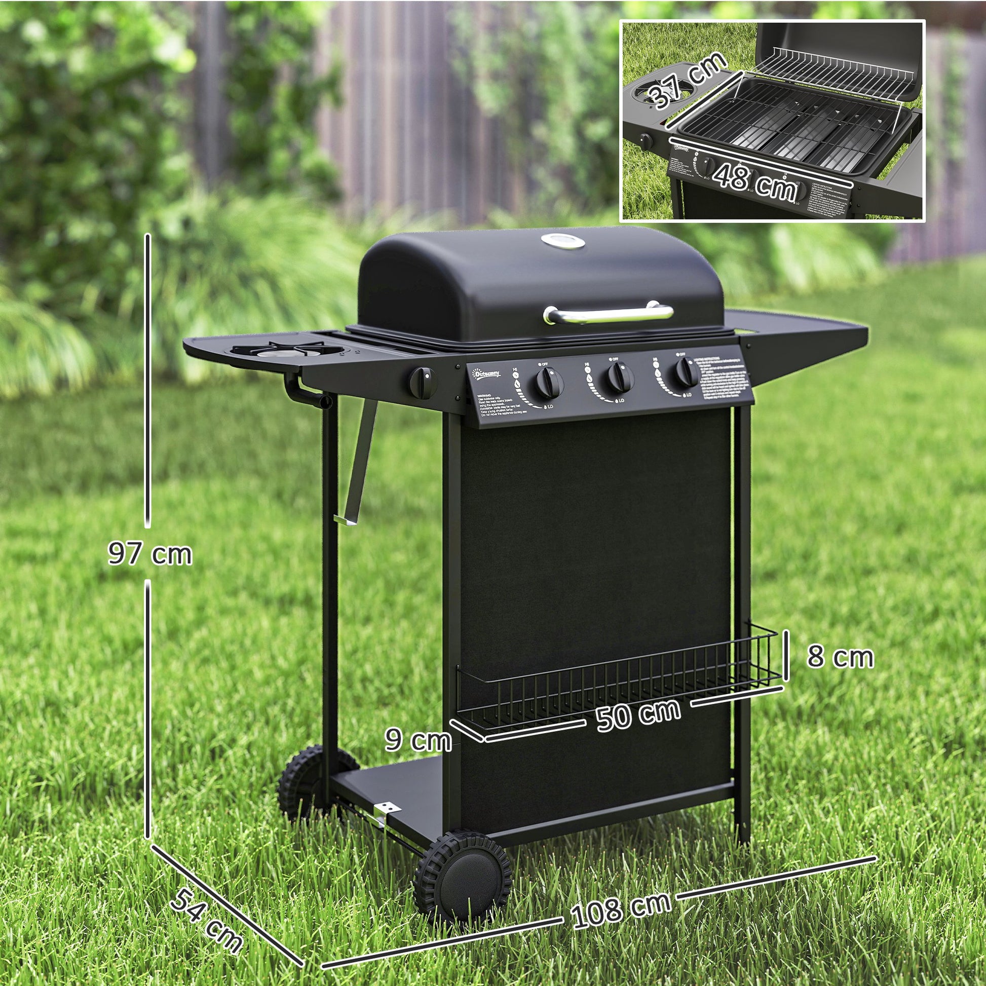 Outsunny Barbacoa De Gas Con 3+1 Quemadores 9,5 Kw Termómetro Mesa Lateral Negro_2
