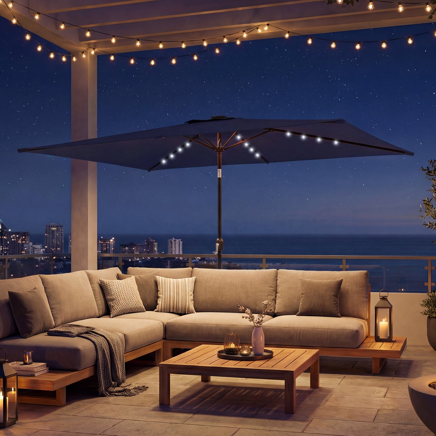 Outsunny Sombrilla Terraza Exterior Con 24 Luces Led Solares 2,9x2,5 M Azul_4