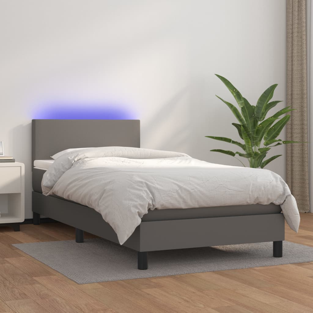 Cama Box Spring Y Colchón Led Cuero Sintético Gris 90x200 Cm / Vetonek_0